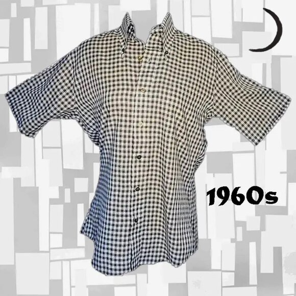 Mens Vintage Short Sleeve Shirt Gingham Check, Kings Road Preppy Light AcademiA - Picture 1 of 13